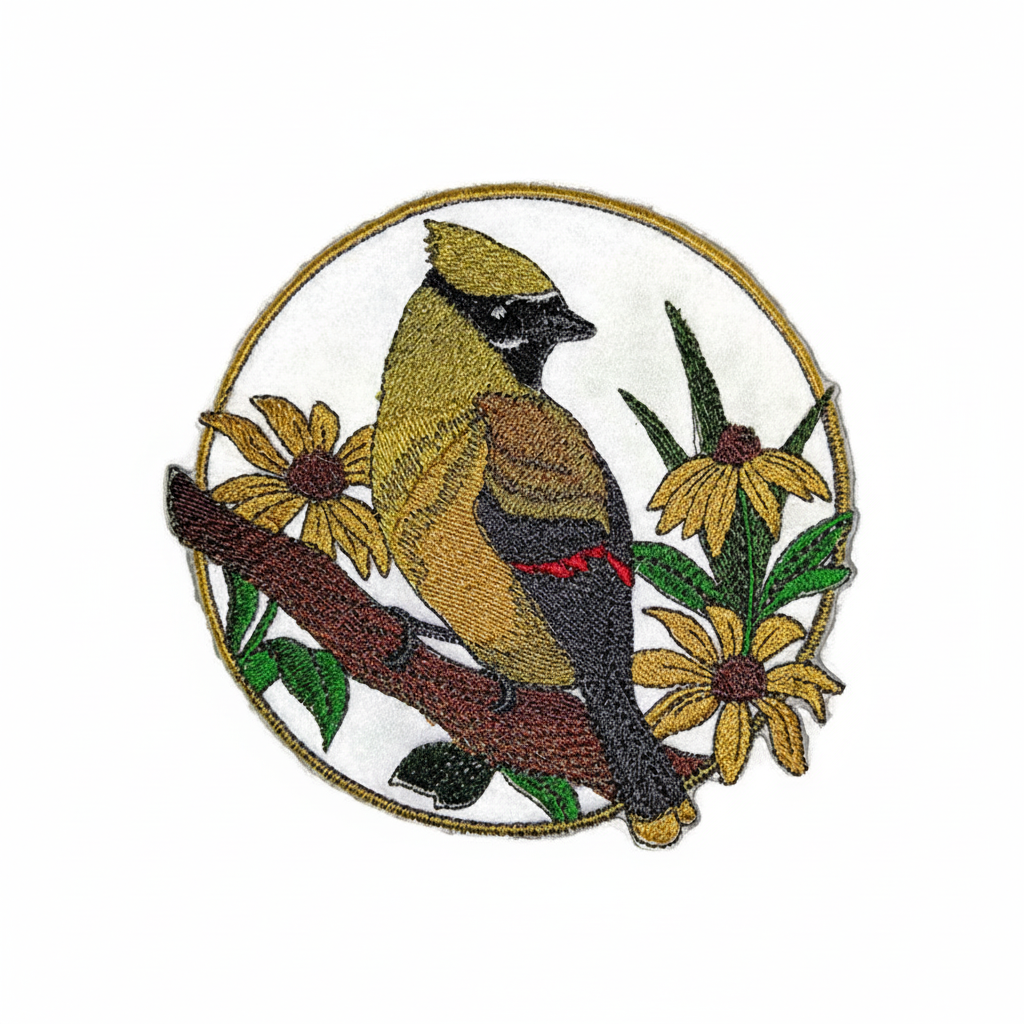 Cedar waxwing and black-eyed Susan embroidered patch on white background