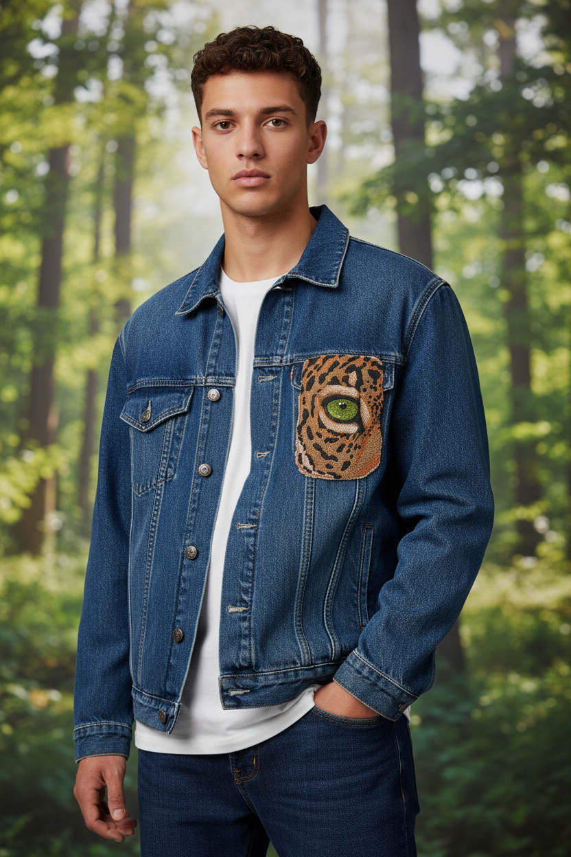 Model wearing Eye of Jaguar patch on jacket back - forest background