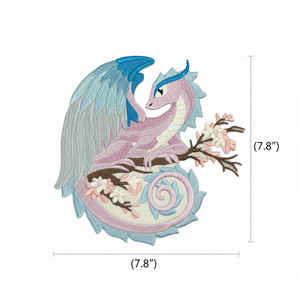 Spring Dragon embroidered patch with size reference - 7.8 x 7.8 inches