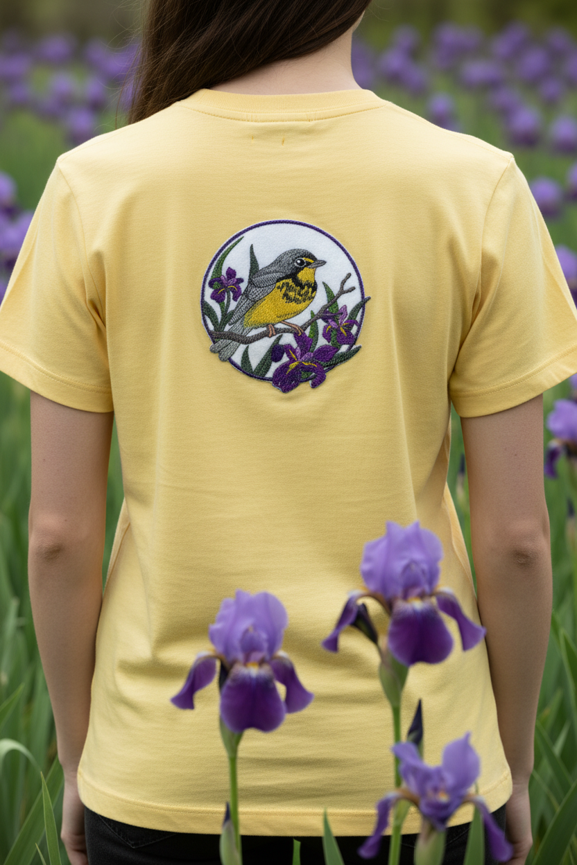 Model wearing t-shirt with Canada warbler patch on back