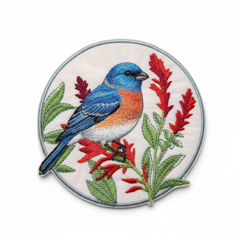 Lazuli bunting and Indian paintbrush embroidered patch on white background