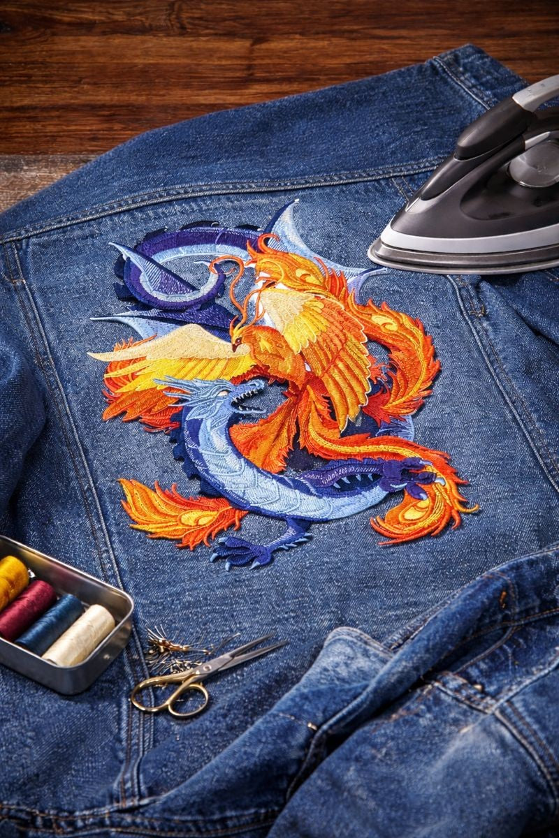 Phoenix and Dragon Embroidered Patch Large (8.2" x 11.5") Iron On or Sew On Applique for Jackets, Backpacks, Costumes Eastern Mythology Embroidery by Beyond Vision