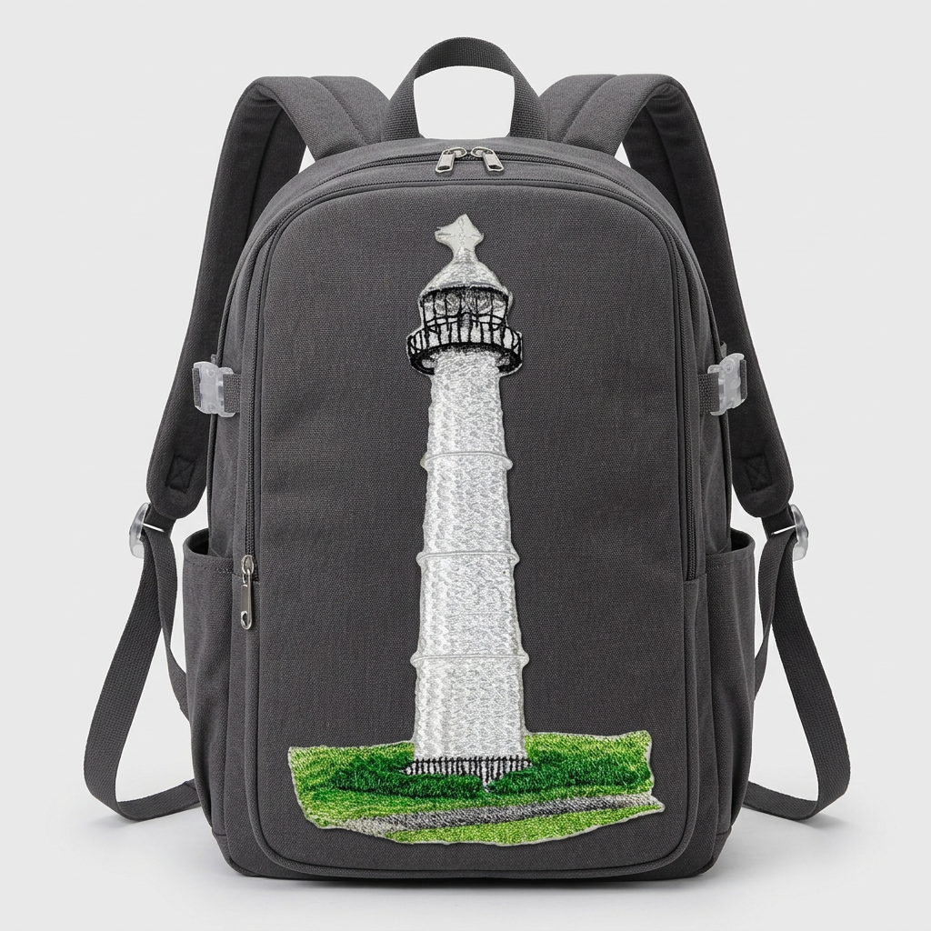Lighthouse applique on a charcoal backpack