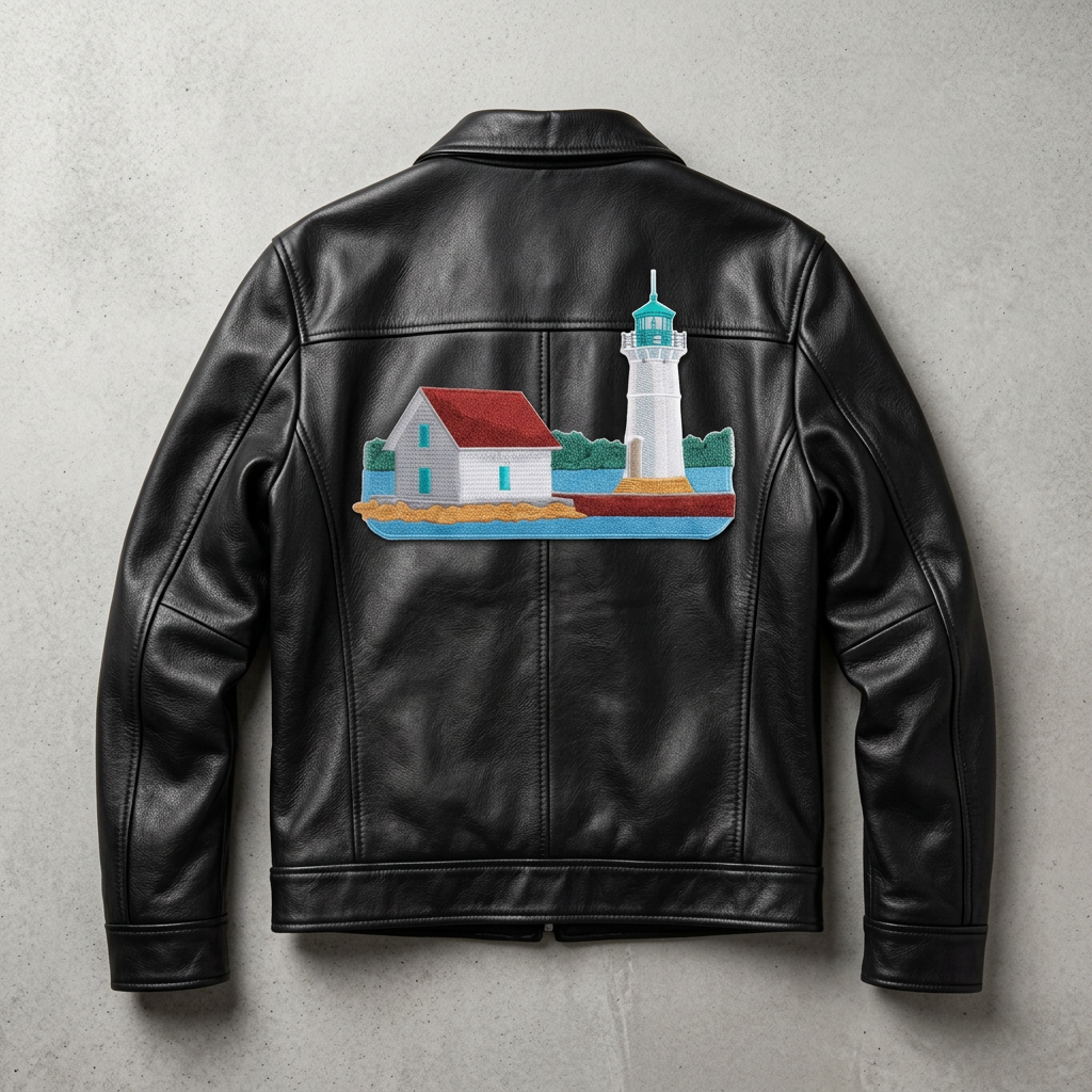 Lighthouse patch on a black leather jacket