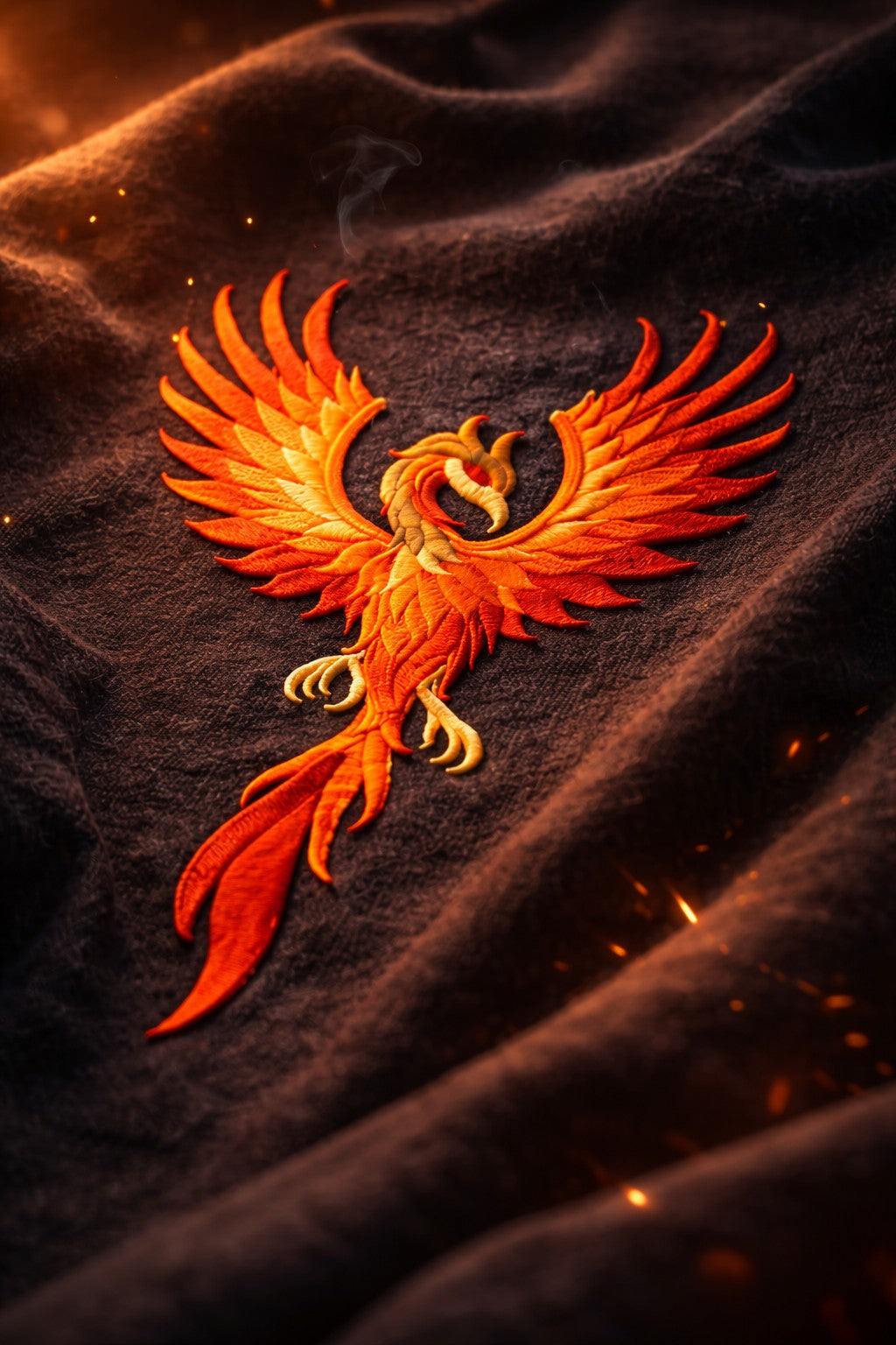 Embroidered phoenix design on dark fabric with glowing effect