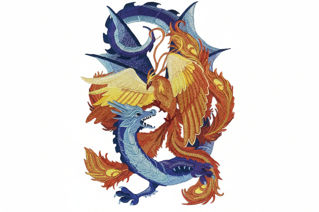 Embroidered design of a dragon with blue and orange colors on a white background