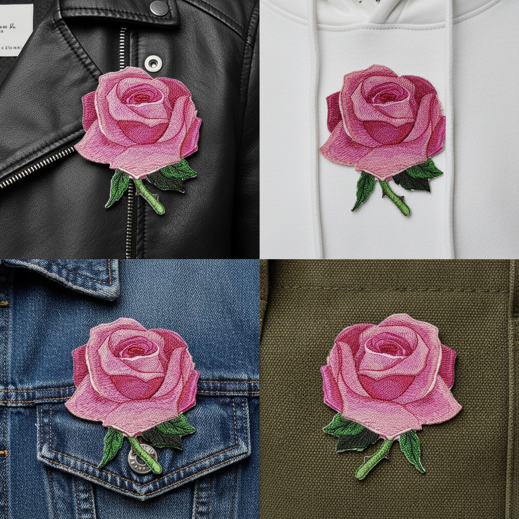 Pink rose patch on different fabrics grid