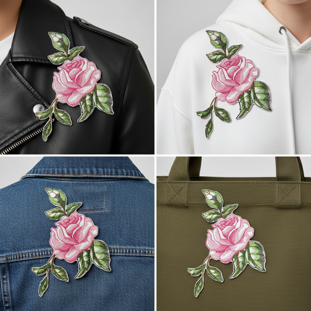Pink rose patch on different fabrics grid
