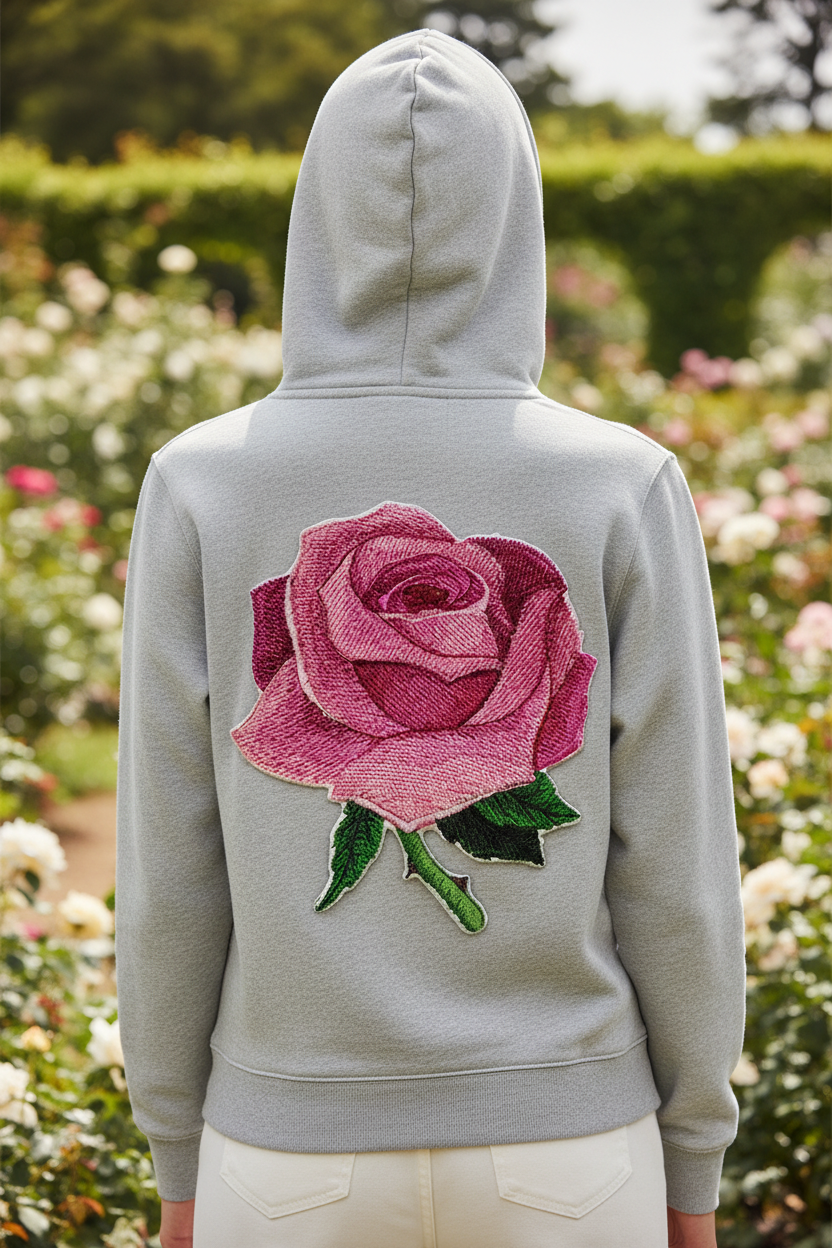 Pink rose patch on hoodie back with garden background