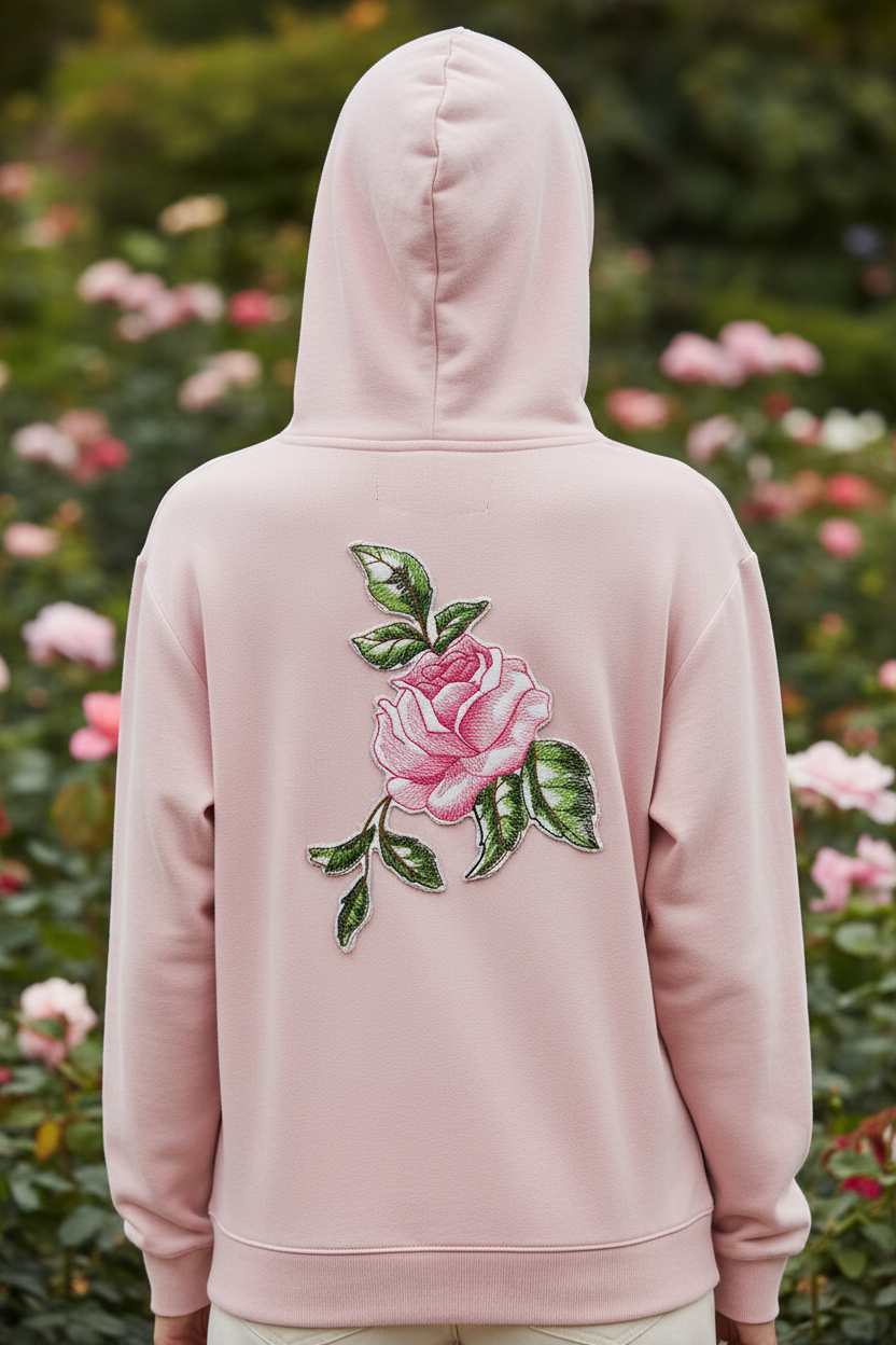 Pink rose patch on hoodie back with garden background