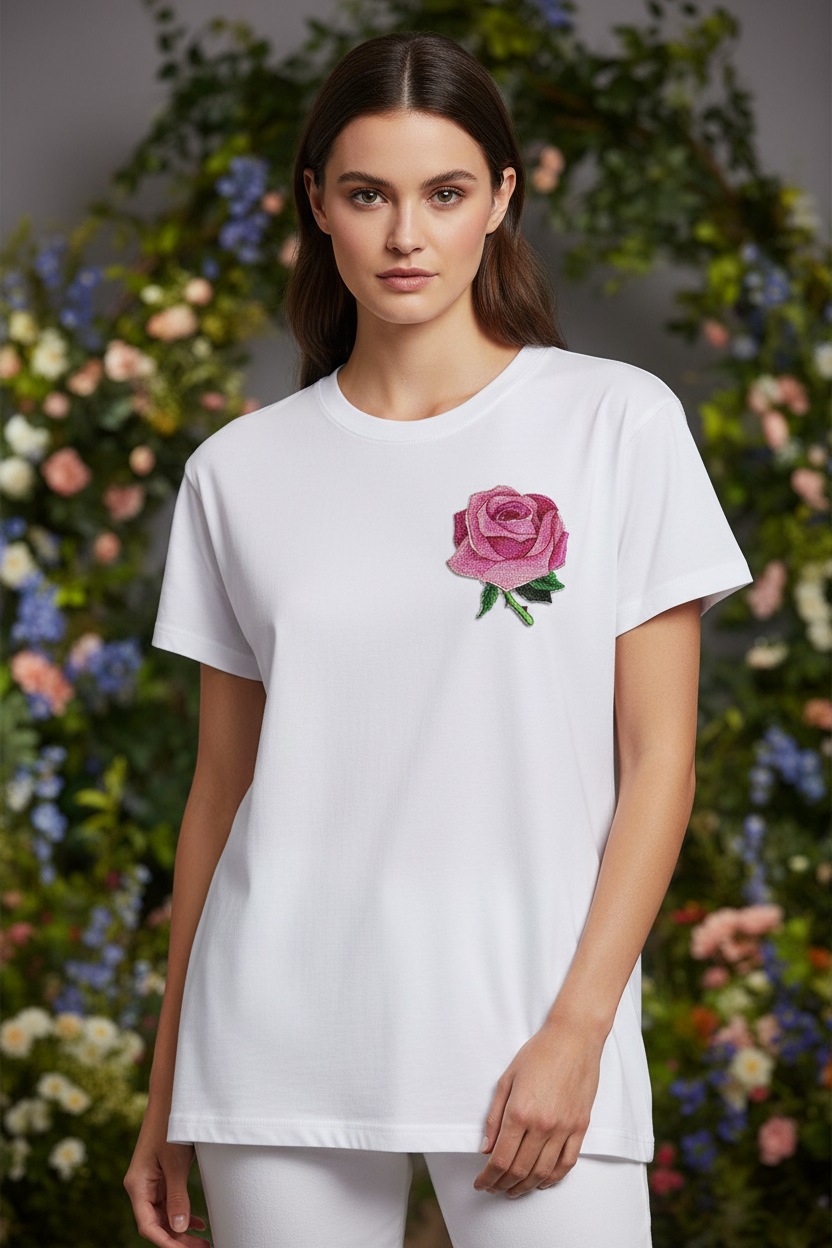 Pink rose patch on t-shirt chest with garden background