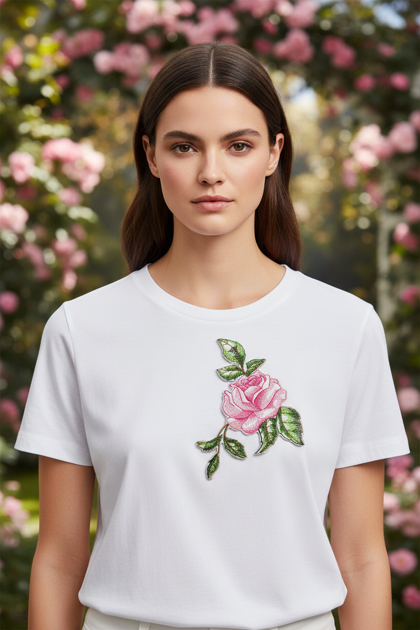 Pink rose patch on t-shirt chest with garden background