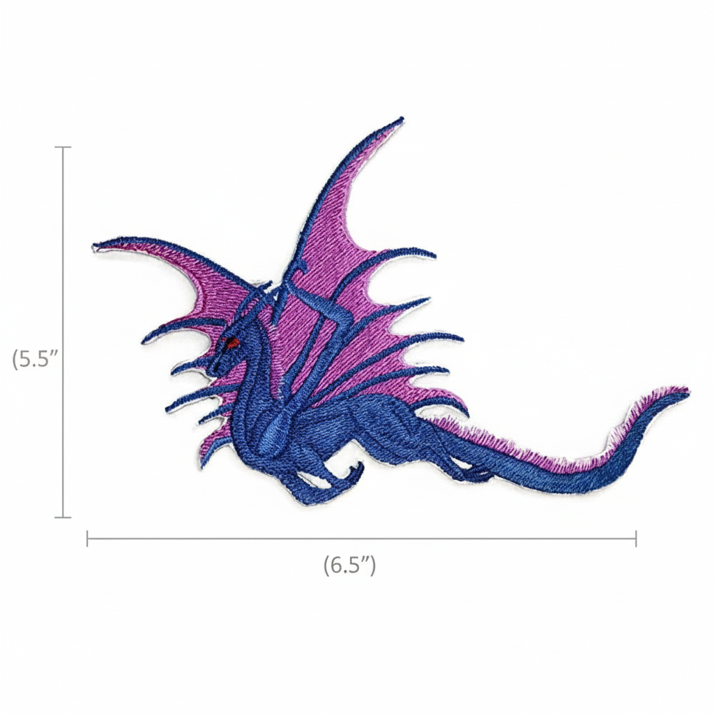 Purple Flying Dragon patch with size measurements