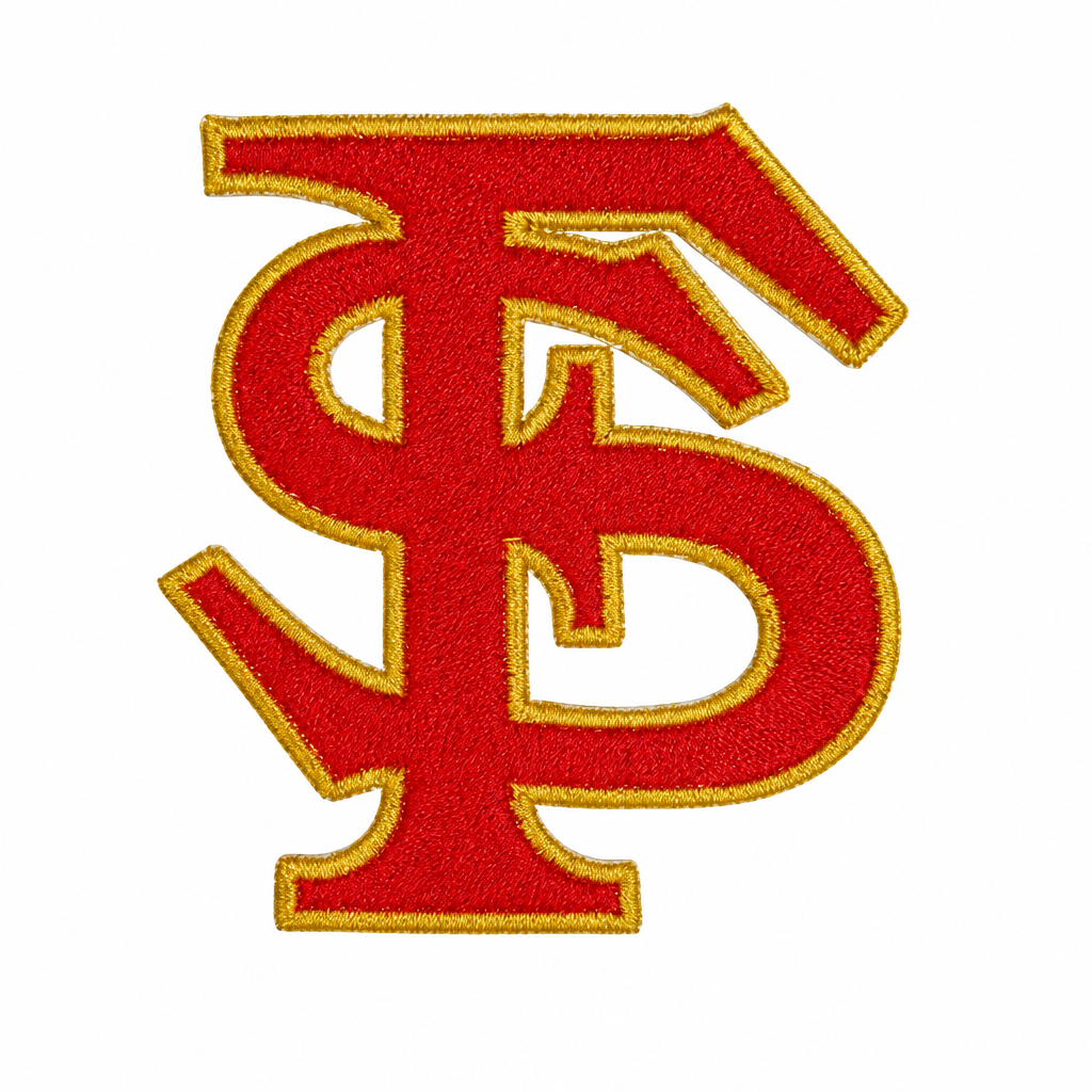 Red and gold interlocking letter patch cleanup