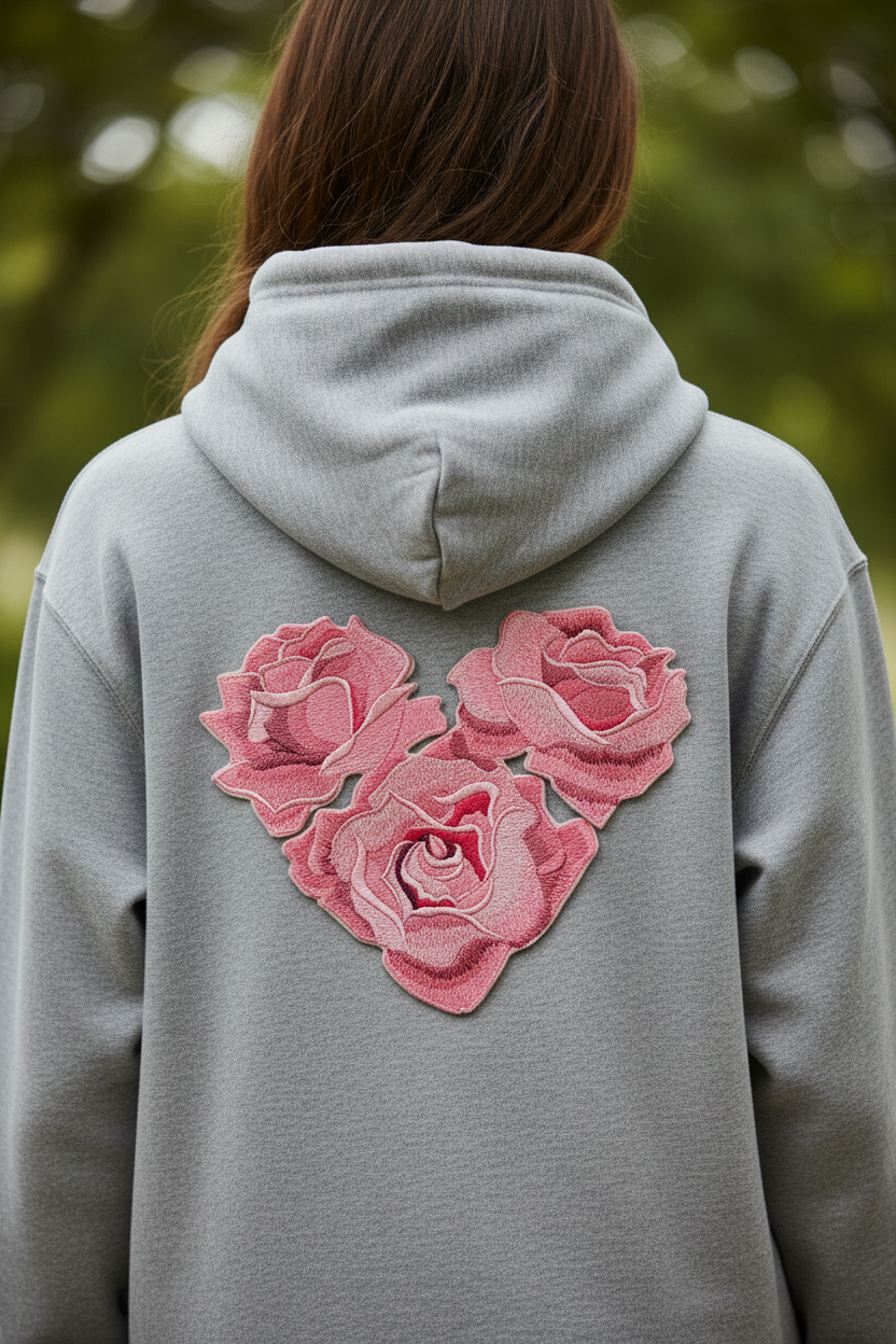 Rose patch on hoodie back with natural background