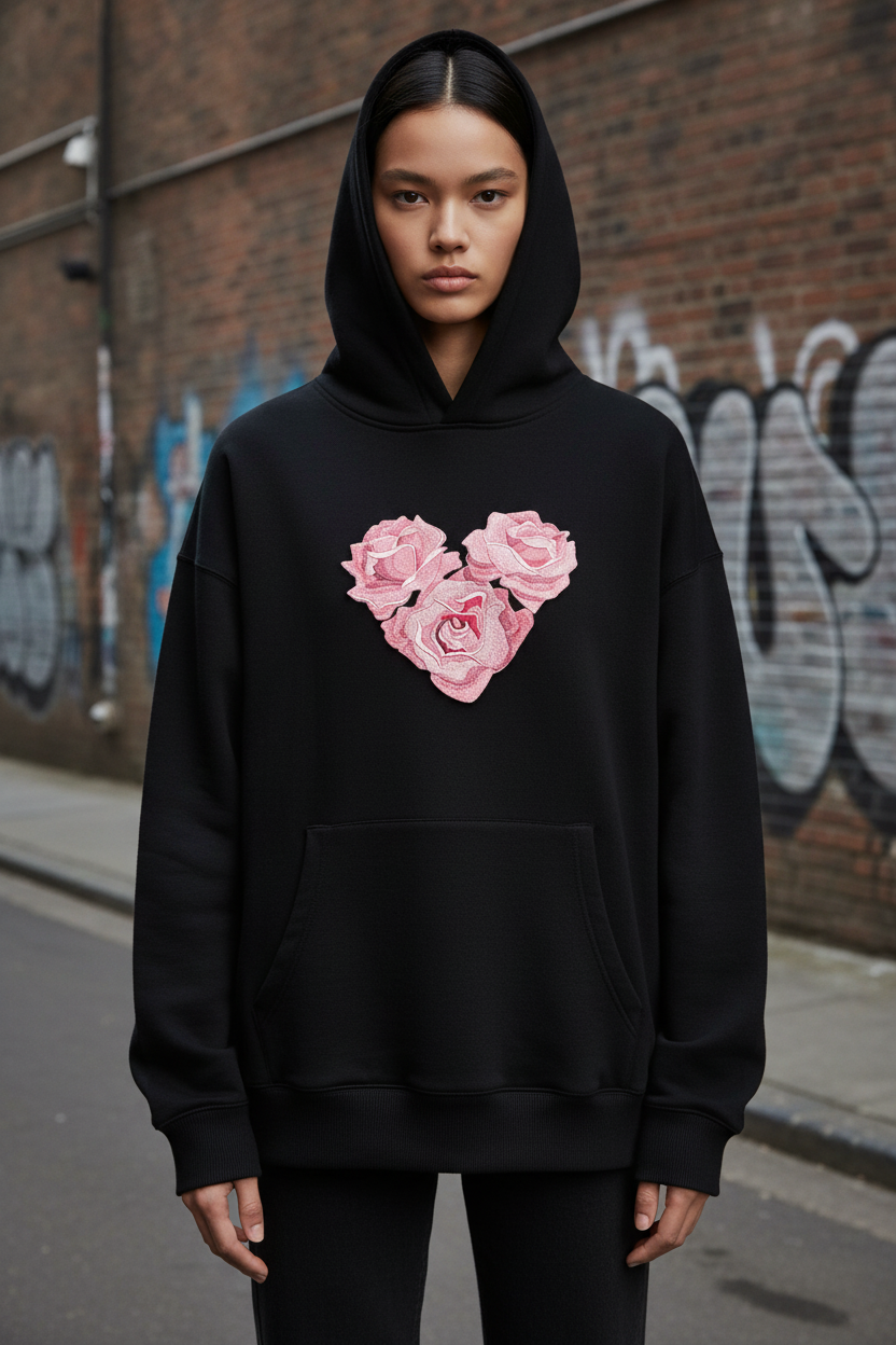 Rose patch on hoodie chest with street background