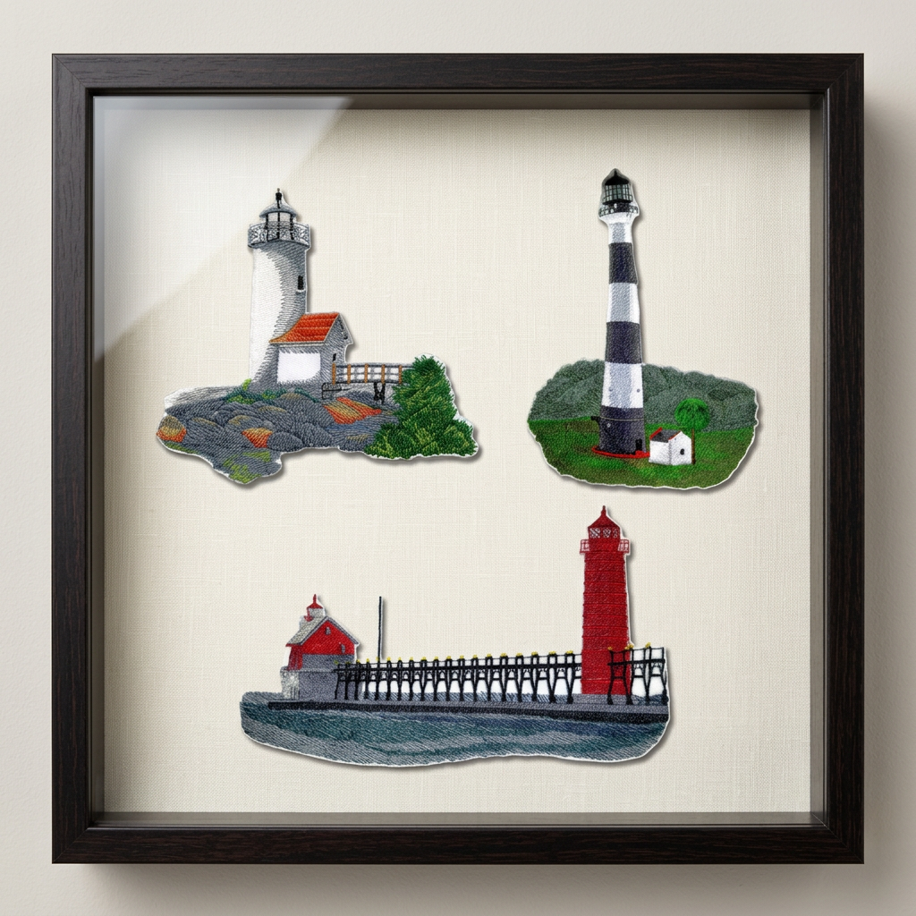 Three lighthouse patches arranged in a dark wood frame