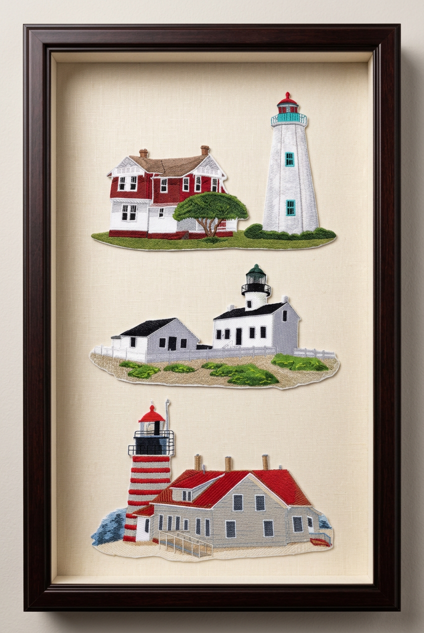 Three lighthouse patches arranged in a dark wood shadow-box frame
