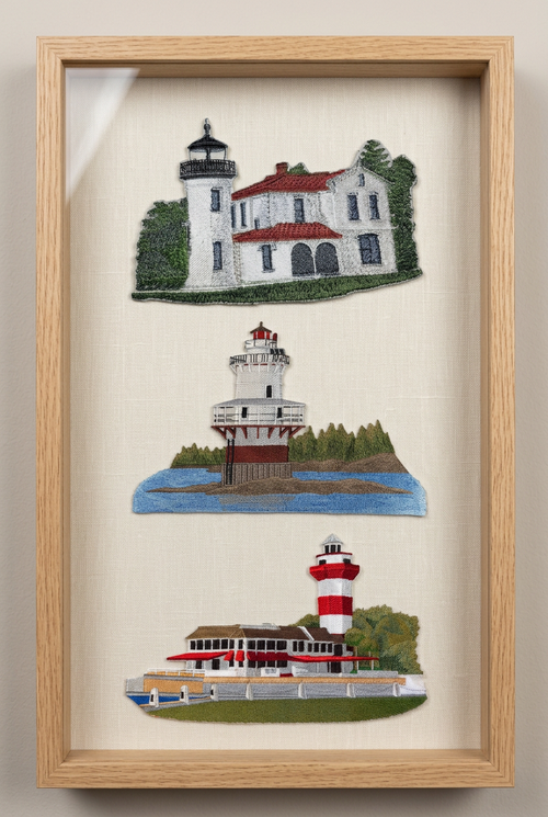Three lighthouse patches in an oak frame