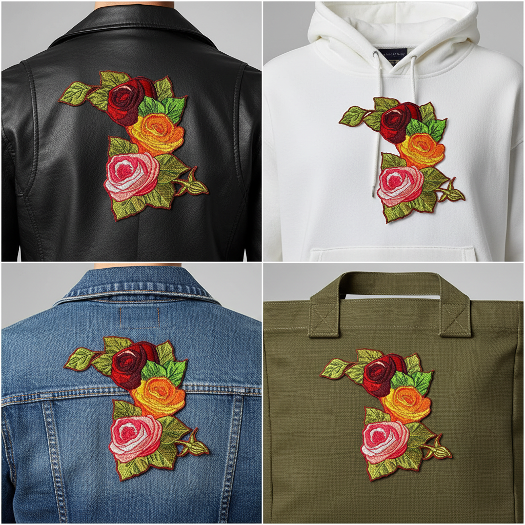 Three-rose bouquet patch on different fabrics grid