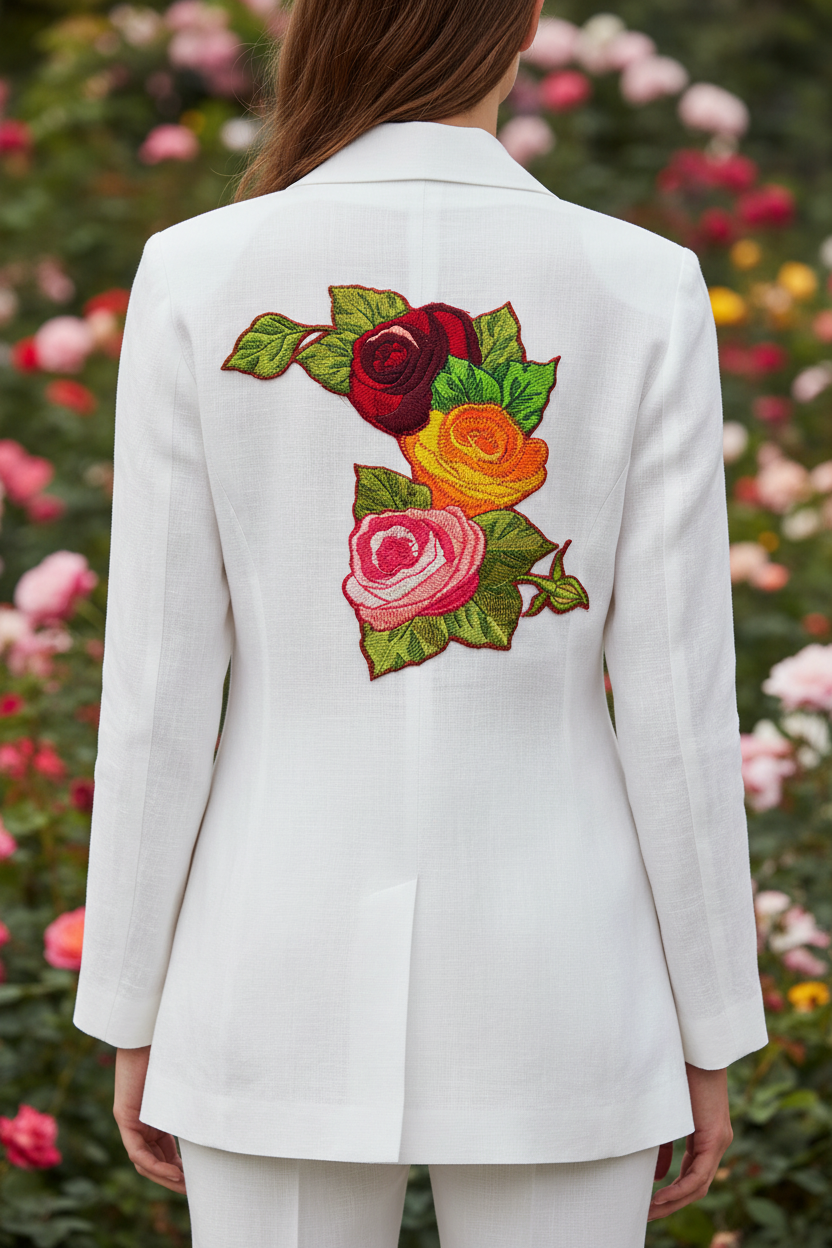 Three-rose bouquet patch on jacket back with garden background