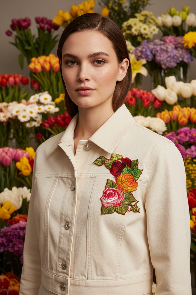 Three-rose bouquet patch on jacket chest with market background