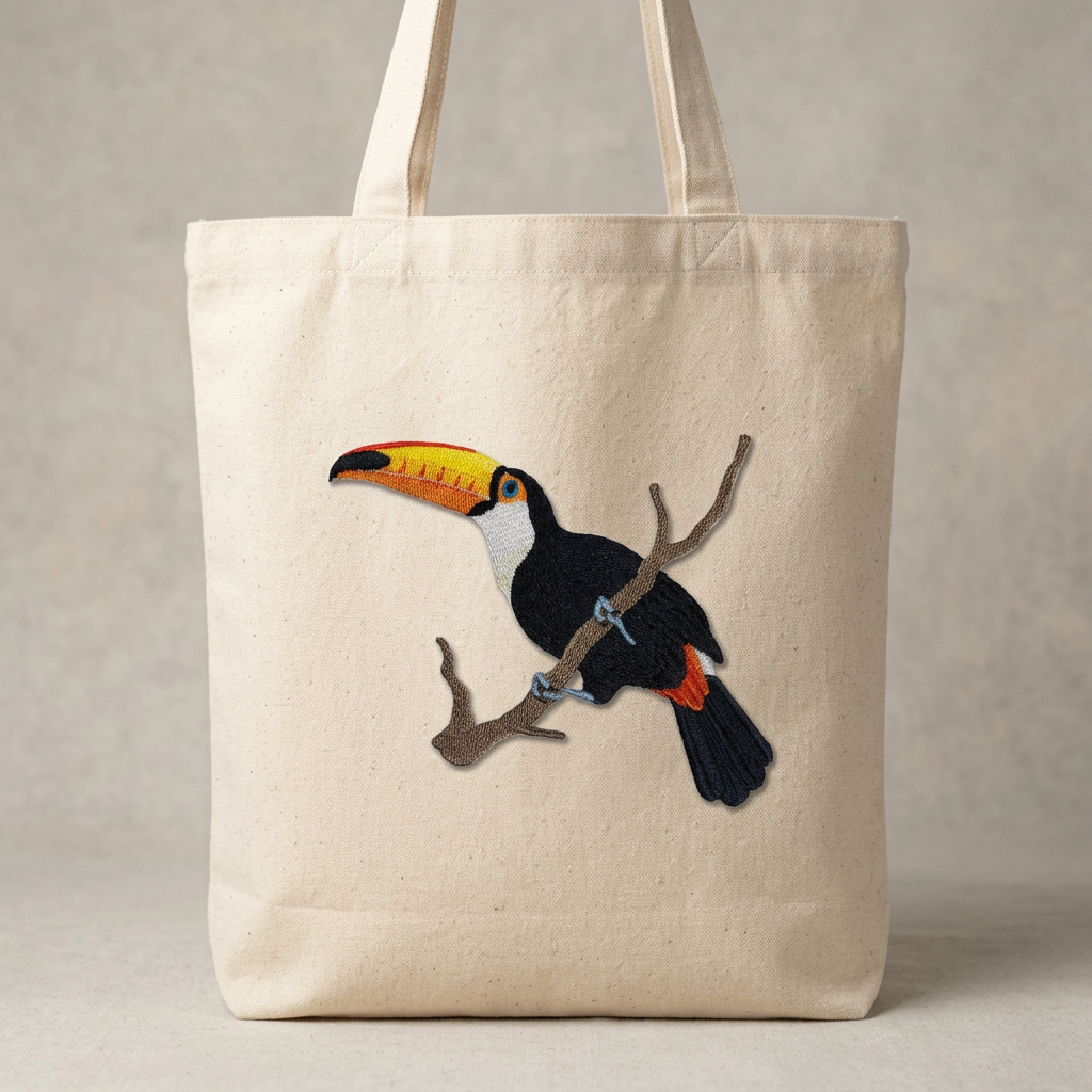 Toucan patch on a canvas tote bag
