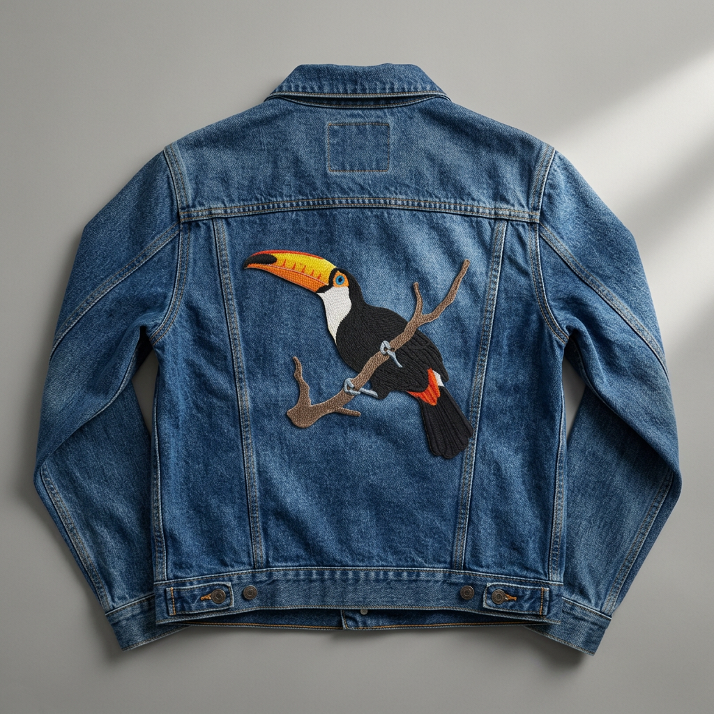Toucan patch on a denim jacket