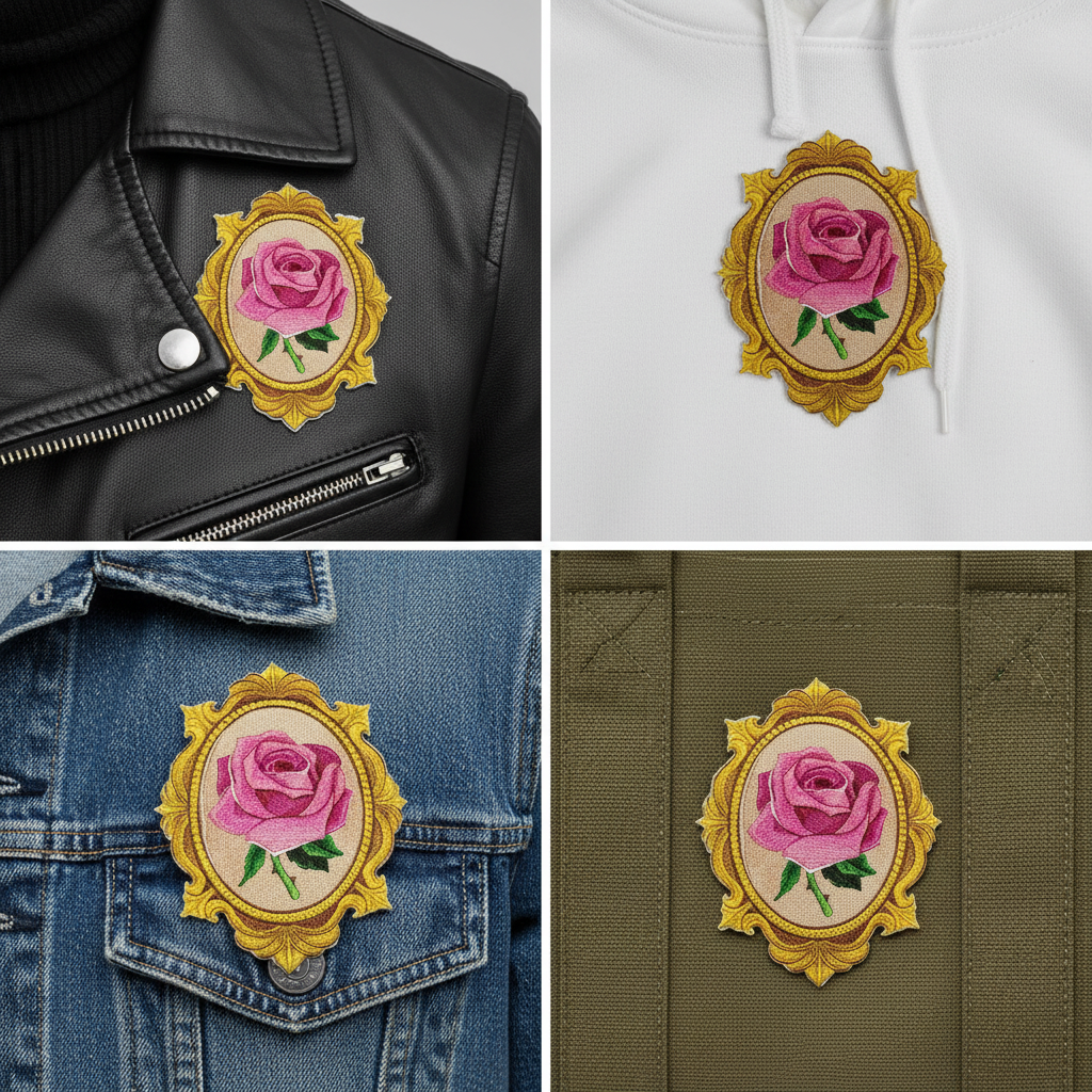 Victorian framed rose patch on different fabrics grid