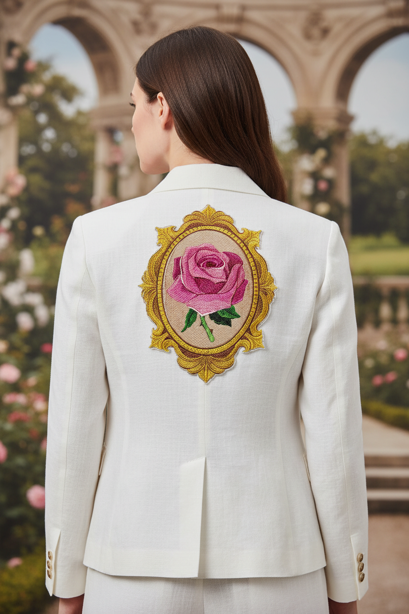 Victorian framed rose patch on jacket back with garden background