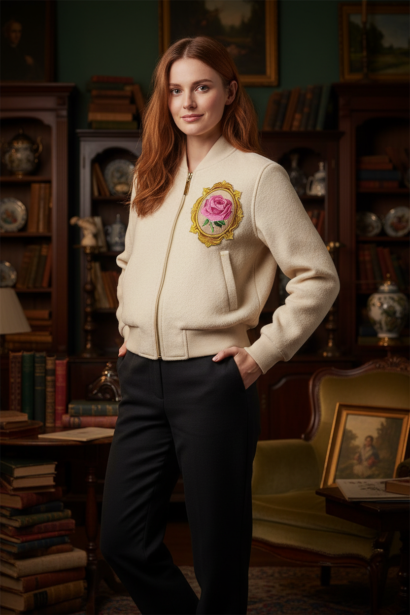 Victorian framed rose patch on jacket chest with antique background