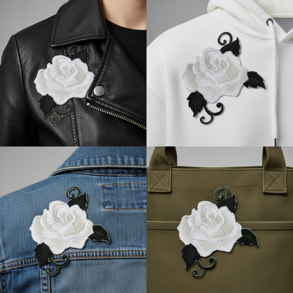 White rose patch on different fabrics grid