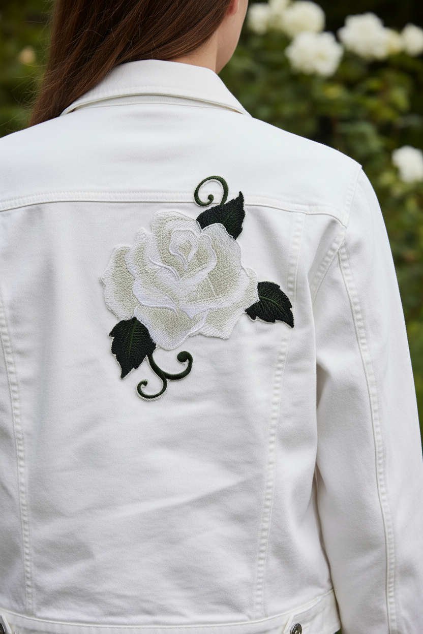 White rose patch on jacket back with garden background