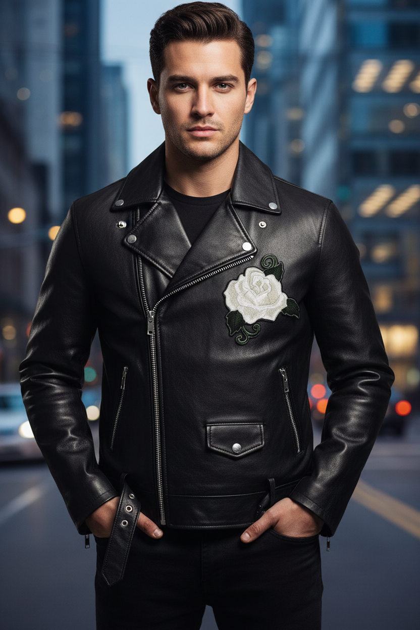 White rose patch on jacket chest with urban background