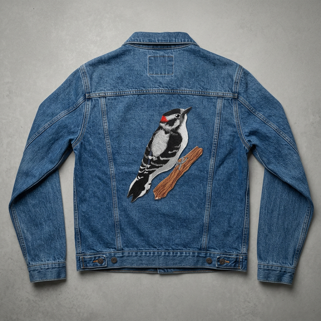 Woodpecker on a denim jacket