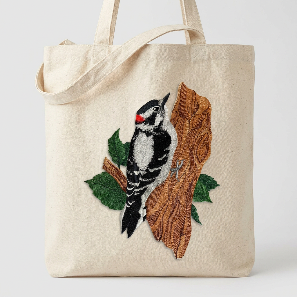 Woodpecker patch on a canvas tote bag