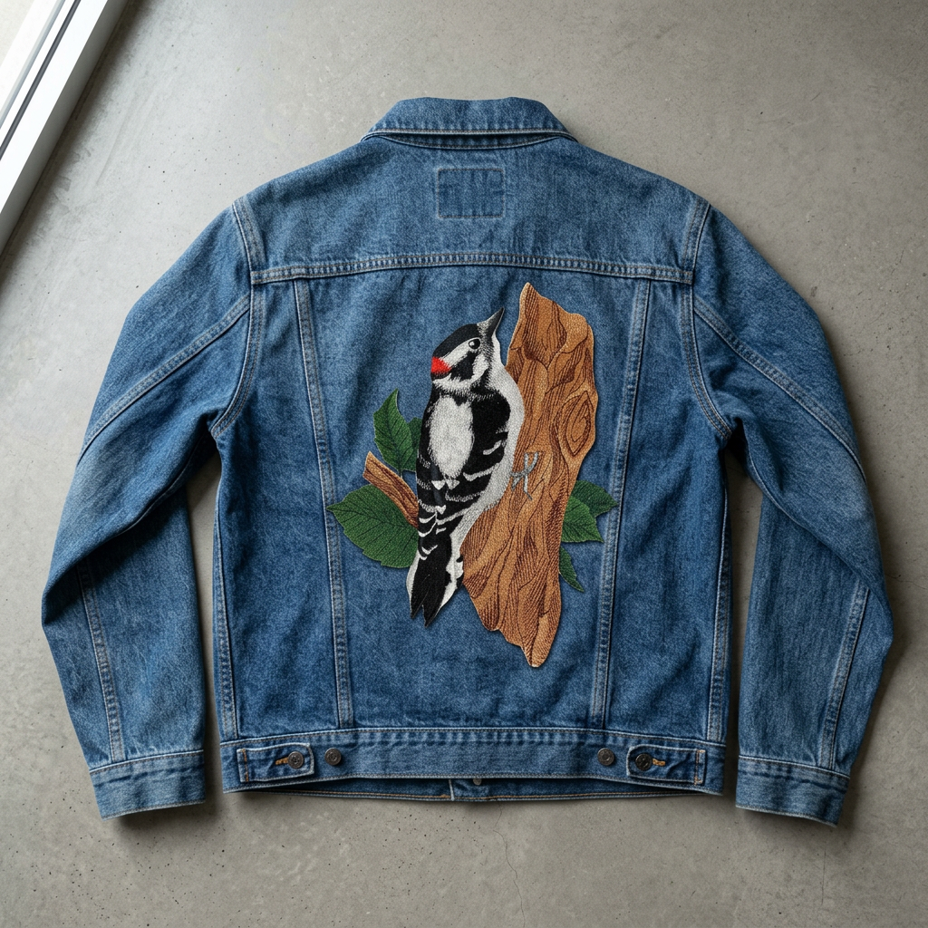 Woodpecker patch on a denim jacket