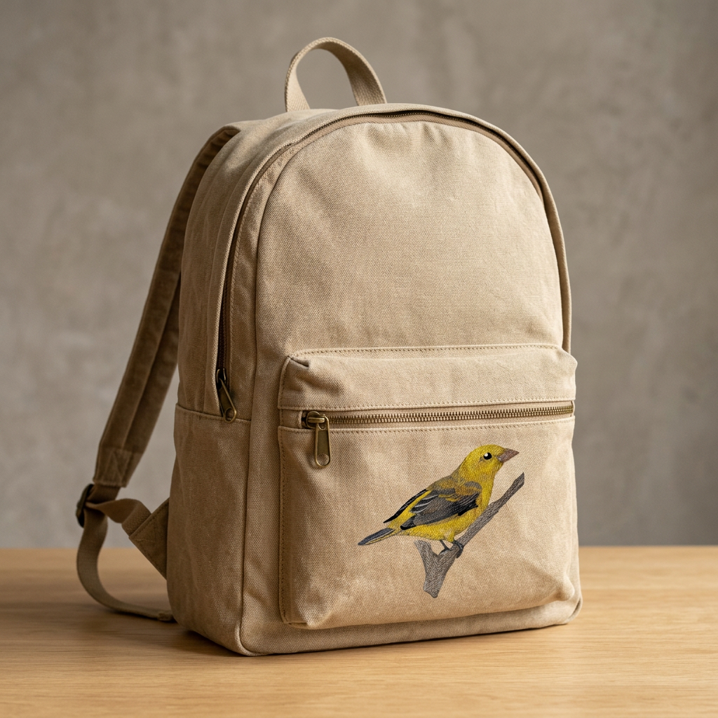 Yellow bird embroidery on backpack
