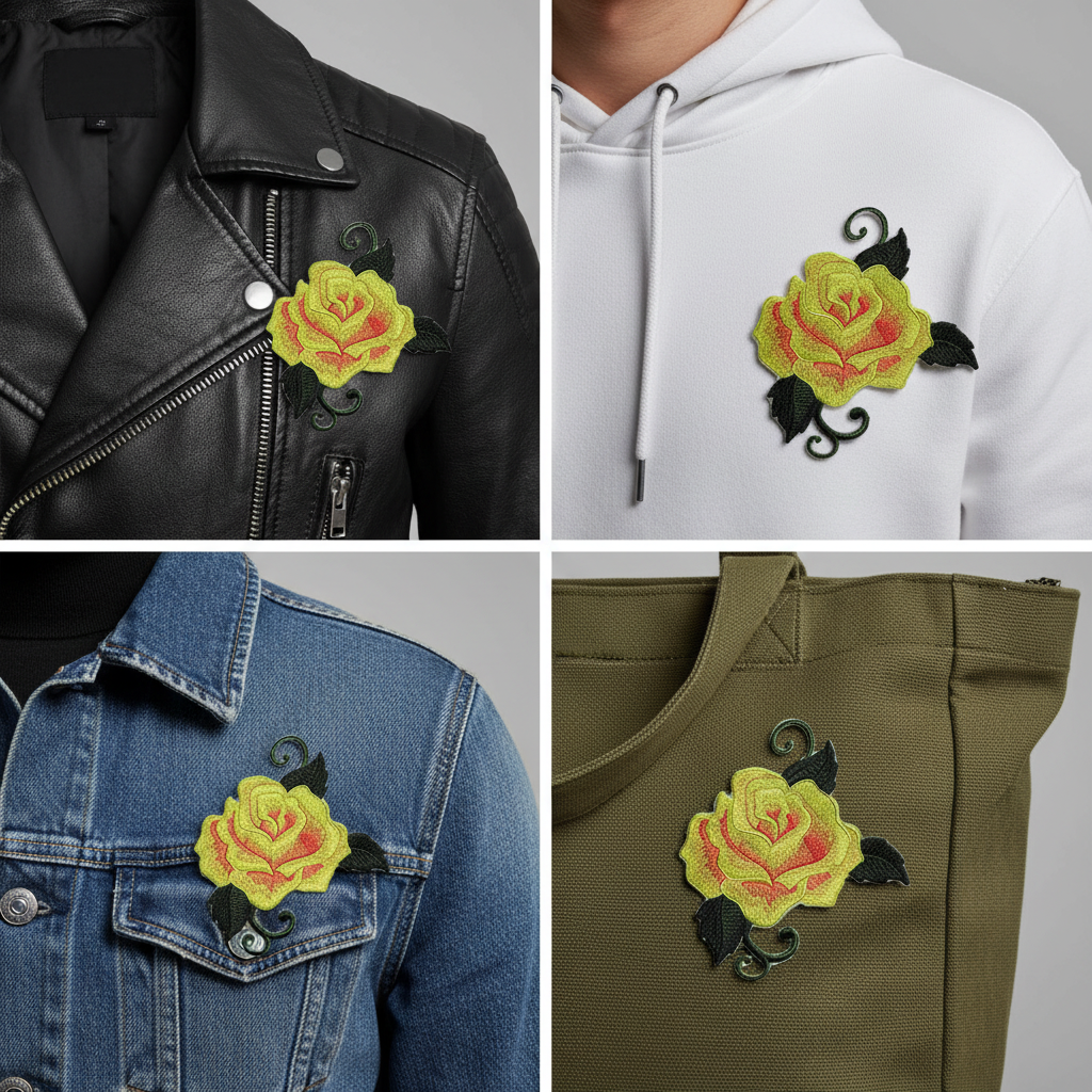 Yellow-green rose patch on different fabrics grid