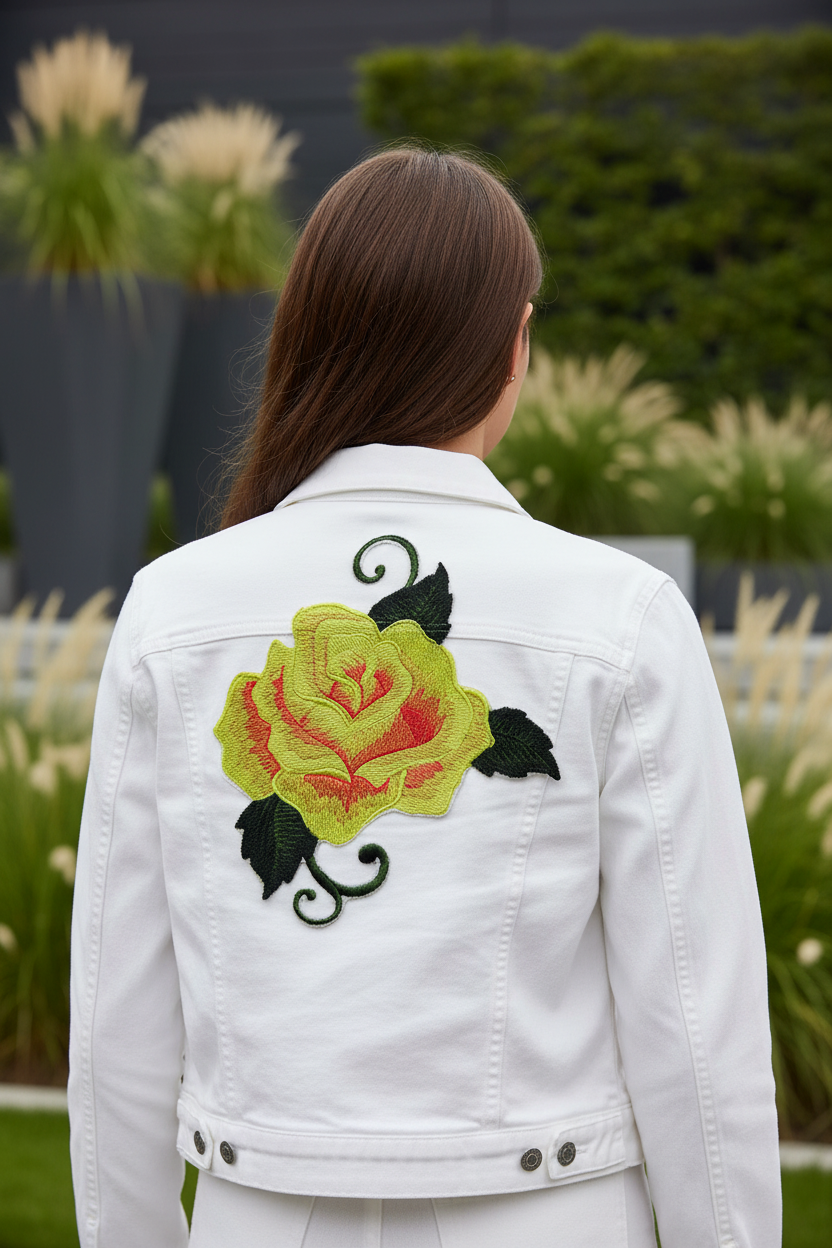 Yellow-green rose patch on jacket back with garden background