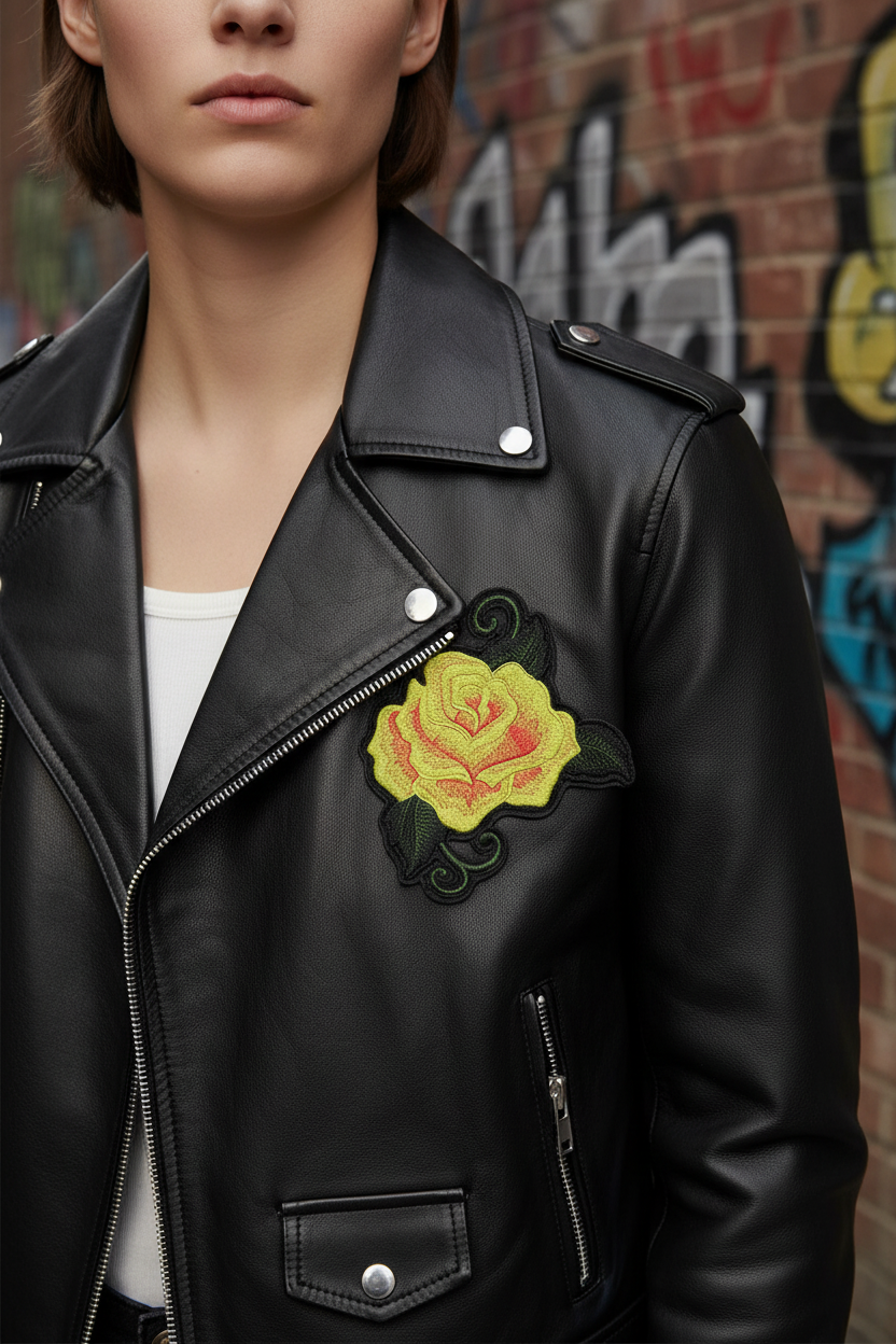 Yellow-green rose patch on jacket chest with street art background