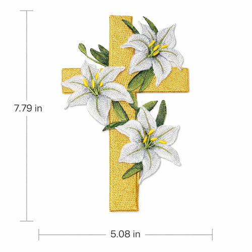 Beyond Vision Elegant Lilies & Sacred Cross Embroidered Patch (5" x 7.79") Inches) Faith-Inspired Floral Iron On or Sew On Design, Made in USA