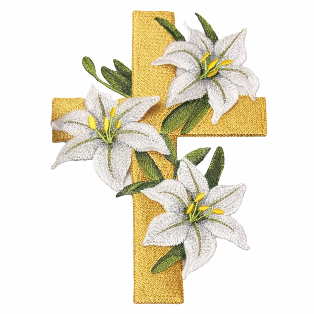 Parche bordado para planchar o coser con elegantes lirios y cruces de Beyond Vision (5" (ancho) x 7,79" (alto))
